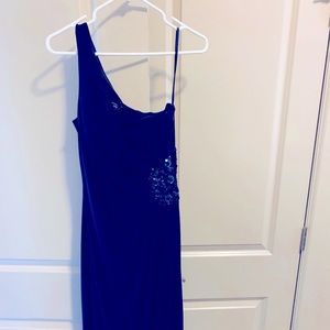 Navy one shoulder gown. Prom, wedding or formal dance ready!